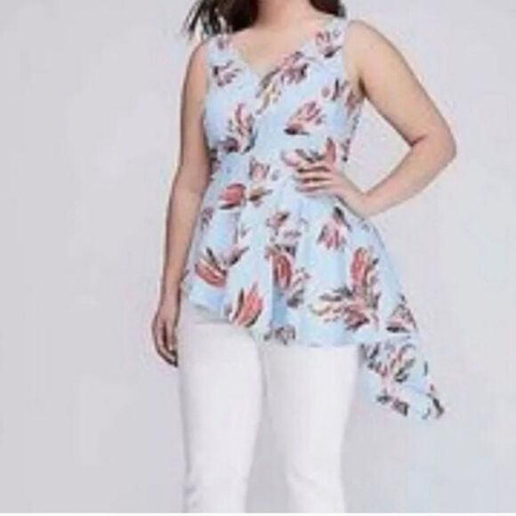 Lane Bryant Asymmetrical Sleeveless Feather Print Peplum Top Sz 18 - Picture 1 of 9